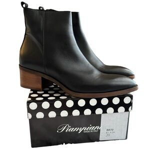 NEW Piampiani Pointed Toe Ankle Boots Size 39 Black Italian Leather Block Heel